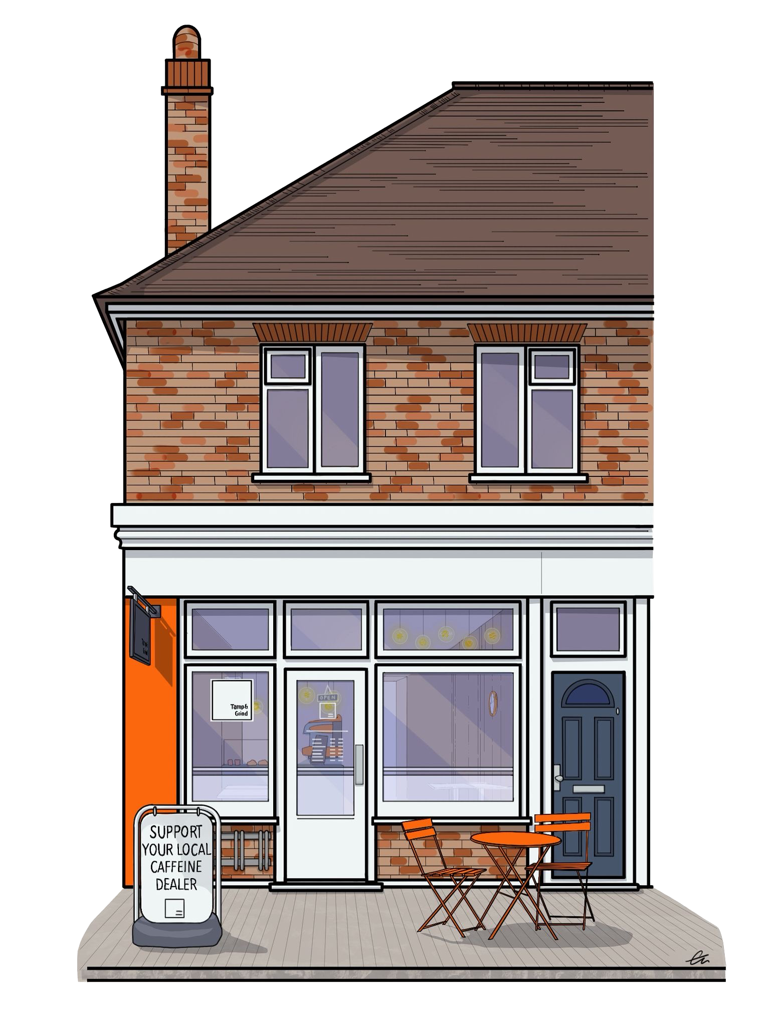 Illustration of Tamp & Grind coffee shop building